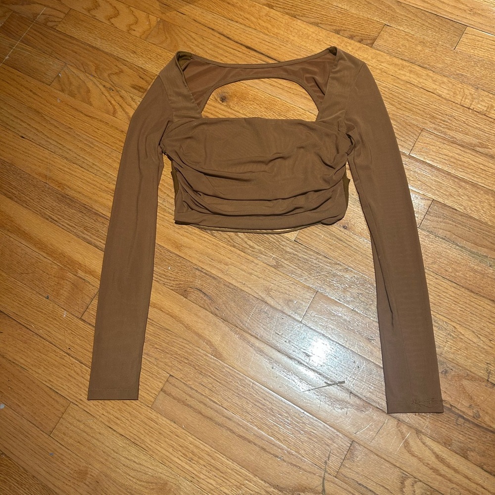Princess Polly Tan Long Sleeve Cutout Crop Top